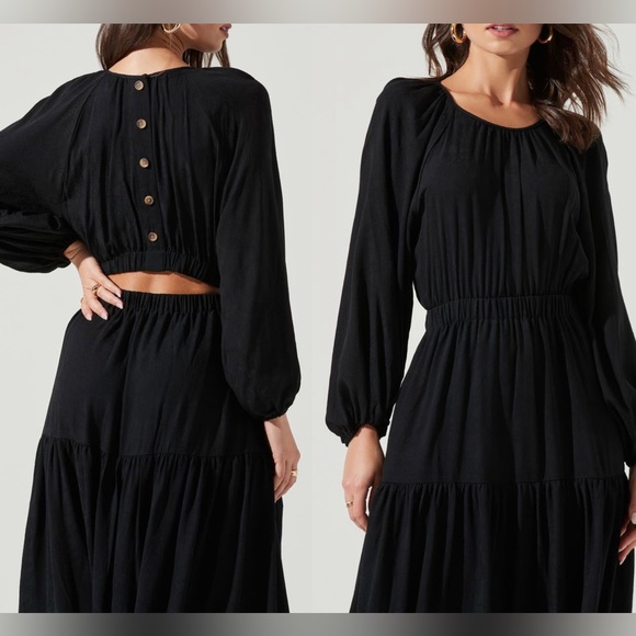 ASTR THE LABEL Long Black Maxi Dress With Blouson Sleeves And Back Cutout, New - Picture 3 of 3